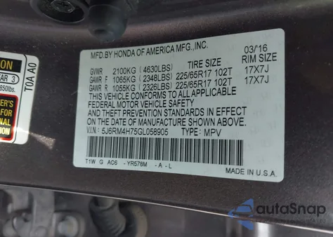 2016 Honda Cr-V Ex-L from USA, damaged, VIN 5J6RM4H75GL058905